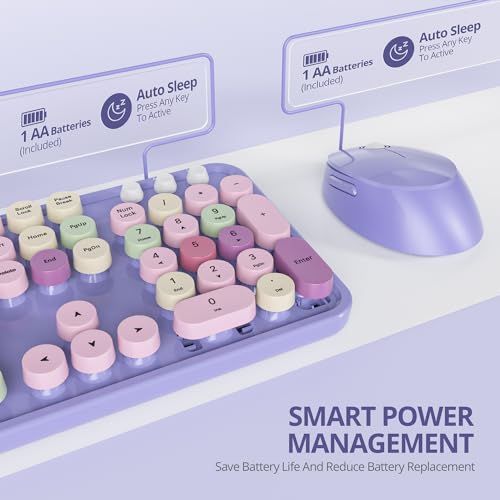 Image of Owpkeenthy Purple Keyboard and Mouse Wireless, Cute Retro Full-Size Cordless Keyboard with Number Pad 2.4 GHz Wireless USB Receiver for Computer /Laptop /Windows /Mac(Coloful Purple)