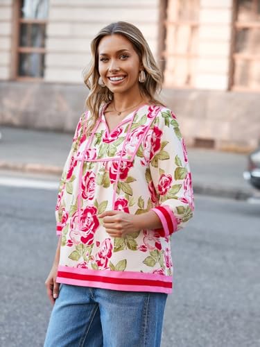 Cicy Bell Womens Floral Print Babydoll Blouse V Neck 3/4 Sleeve Peplum Tops Casual Loose Fit Boho Flowy Shirts3