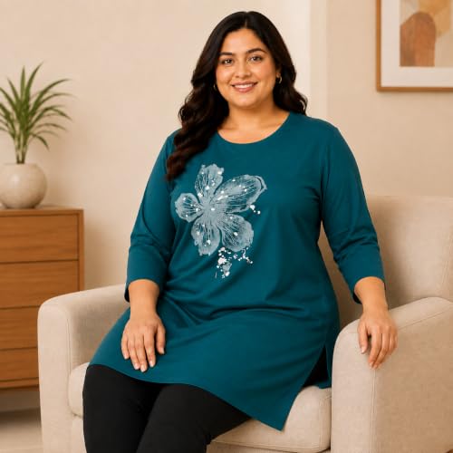 Image of RYSH Women's Plus Size Printed Nightshirt | Round Neck | 3 /4 Sleeve | Relaxed Fit Long Nightwear Top |