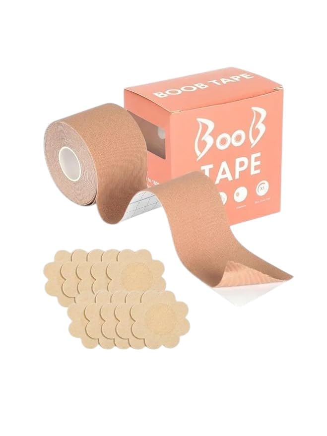 women sweat proof body tape with nipple covers | invisible breast lift tape for backless, strapless & deep neck dresses | strong adhesive & skin-friendly beige (pack of 2)