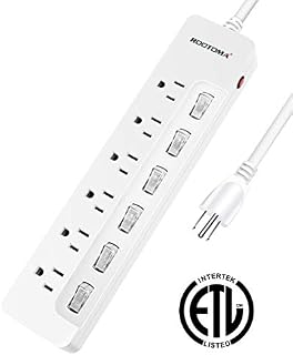 Individual Switched Power Strip Surge Protector with 6-Outlet,ETL Certified,6-Foot 14AWG Long Extension Cord 1875W/15A Wall Mount for Office Dorm