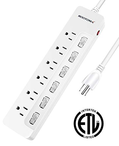 Individual Switched Power Strip Surge Protector with 6-Outlet,ETL Certified,6-Foot 14AWG Long Extension Cord 1875W/15A Wall Mount for Office Dorm