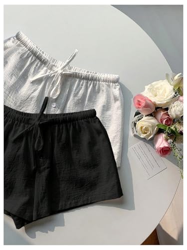 Image of MakeMeChic Women's 2 Pack Linen Shorts Striped Gingham Summer Beach Pajama Boxer Shorts