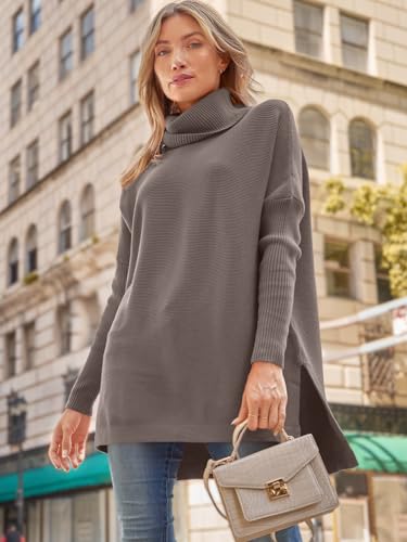 Image of LILLUSORY Women's Turtleneck Oversized Sweaters Long Batwing Sleeve Spilt Hem Tunic Pullover Knit Tops
