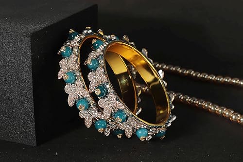 Image of LAVAZZA Stylish Butterfly Design Golden Metal with Zircon Diamond & Pearls Moti Bangles Kada For Women & Girls | Traditional Girl's Bangles Bracelet | Women's Kangan Wedding, Party-Set of 2