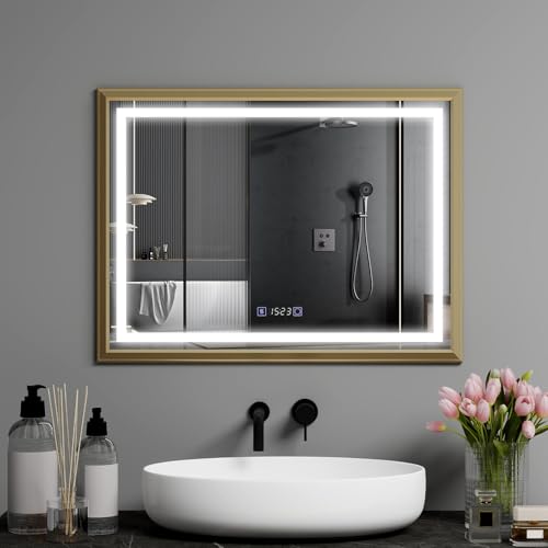 YU YUSING Bathroom Mirror with Led Lights, 80 x 60 CM Illuminated Bathroom Wall Mirror with Dimmable 3 Color Light Touch Control, Vanity Mirror with Demister Anti-Fog, Time Display, IP44, Gold Frame