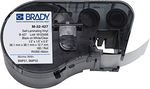 Brady - 143268 M-32-427 Vinyl B-427 Black on White/Clear Label Maker Cartridge, 1-1/2" Width x 1-1/2" Height, For BMP51/BMP53 Printers