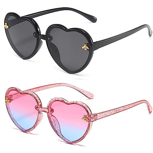 Kids Heart shaped Sunglasses Cute Bee Frame Age 3-10 UV400 Protection Fashion Sunnies for Outdoor Summer black/light pink