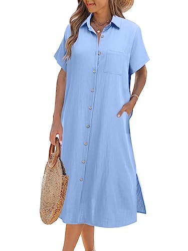 Image of Zeagoo Women Dresses Summer Casual Short Sleeve Button Down Shirt Dresses 2026 Beach Cover Up with Pockets