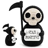 Handmade Crochet Grim Reaper, Stay Positive Sarcastic Desk Gift for Adults