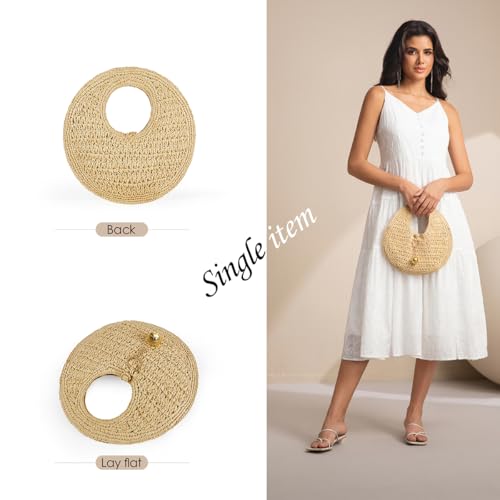 Image of PHILOMENA Woven Straw Beach Bag for Women Handmade Raffia Circle Bag, Summer Boho Chic Tote Purse Handbag Large Round Bag