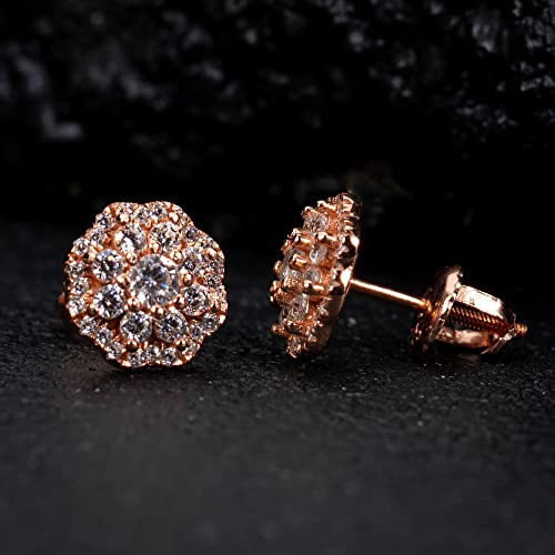 Women’s Men’s Pink Rose Gold Plated 925 Sterling Silver Iced CZ Circle Flower Cluster Hypoallergenic Round Hip Hop Trendy Fashion Cubic Zirconia Stud Screw Back Earrings4