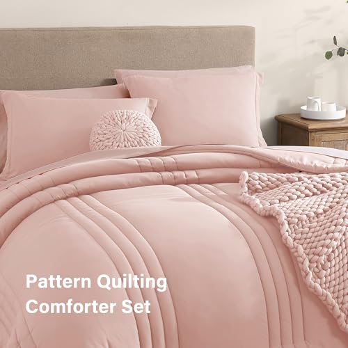 Image of Monbix Queen Comforter Set - 7 Pieces Light Pink Bed in a Bag Queen Bedding Sets with Comforters, All Seasons Comforter Bed Set with Sheets, Pillowcases & Shams