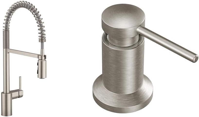 Moen 3942SRS Kitchen Soap and Lotion Dispenser, Spot Resist Stainless with Moen 5923SRS Align One-Handle Pre-Rinse Spring Pulldown Kitchen Faucet with Power Clean, 5923SRS, Spot Resist Stainless
