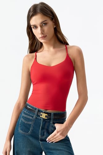 Image of QINSEN Womens Cross Back Tank Top V Neck Double Lined Camisole Top Sleeveless Spaghetti Strap Going Out Tops