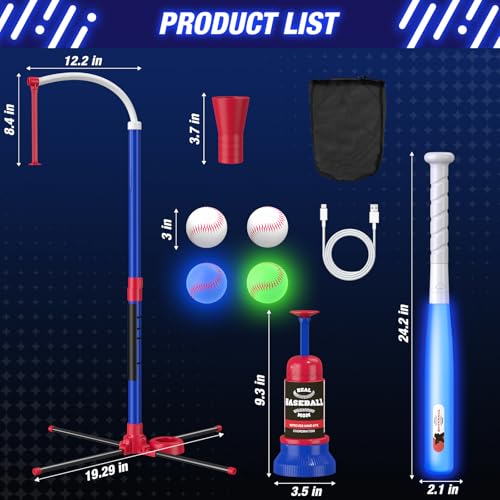 HYES 3-in-1 LED Baseball Set für Kinder 3-5 - Tee Ball Ständer, Hängete, Ballwerfer und 4 Softballs - Einstellbare Höhe, Indoors/Outdoors Sportgeschenke für Jungs und Mädchen, Blau