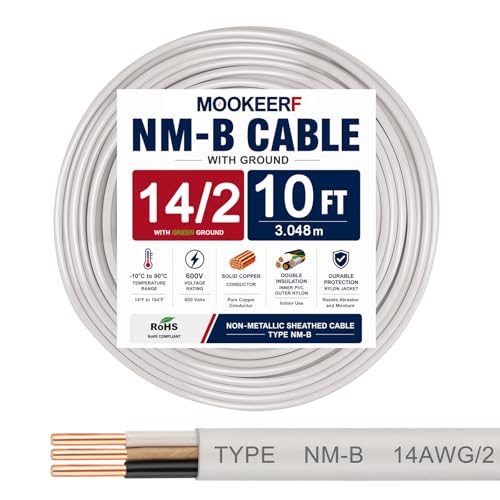 Image of 14 /2 Wire with Ground - 10FT 14 Gauge NM-B Non-Metallic Sheathed Cable 100% Pure Copper 14 AWG 2 Conductor Residential Indoor Wire for Outlets, Switches, Other Loads and Lighting Wiring Projects etc.