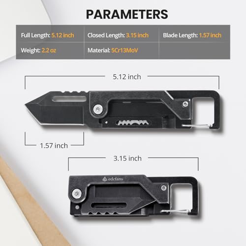 edcfans Keychain Knife, Carabiner Multitool, Tanto Pocket Knife with Key Clip, Box Cutter, Can/Bottle Opener, Screwdriver Wrench, Pry Tools, EDC Hiking Camping Gear, Gifts for Men Women Everyday Carry - Image 3