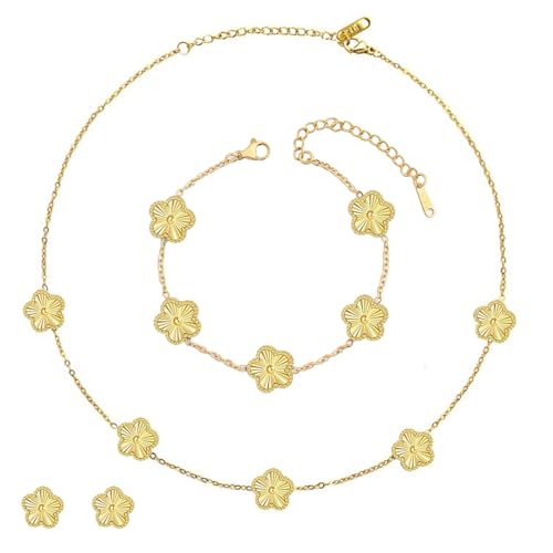 ZHITENG Ensemble de Bijoux Trèfle à Cinq Feuilles, Réglable Bracelet Trèfle à Cinq Feuilles, Motif floral Collier, Ensemble 3 Pièces Convient Comme...