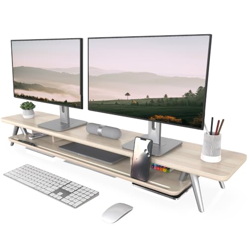 Fenge Dual Monitor Stand Riser, Wooden Desk Shelf with 2-Tier Storage