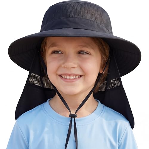 Image of Home Prefer UPF50+ Kids Girls Boys Sun Hat Wide Brim Fishing Hat with Neck Flap Adventure Beach Safari Sun Protection Cap