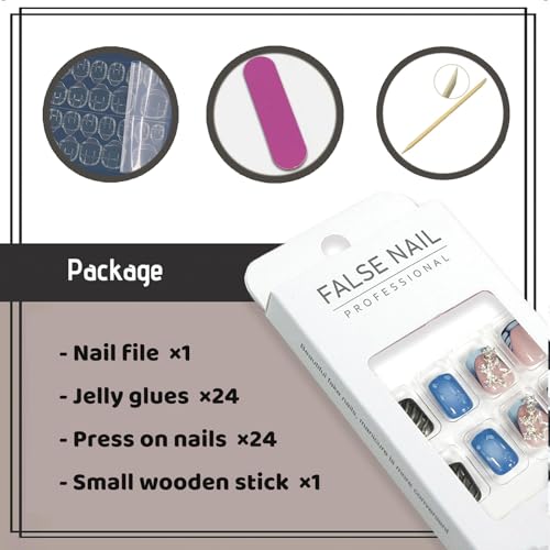 YOSOMMK Blue Press on Nails Short Square Fake Nails with Star Designs Glossy Glue on Nail 3D Swirl False Nails Y2K Stick on Acrylic Nail for Women and Girls - Image 5