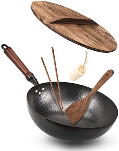 Bielmeier Wok Pan 12.5", Woks and Stir Fry Pans with lid, Carbon Steel Wok with Cookware Accessories, Wok with Lid Suits for all Stoves(Flat Bottom Wok)…