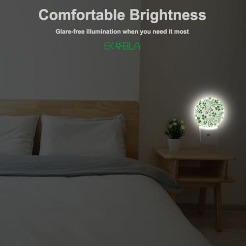 Image of EKOBLA St. Patrick's Day Night Light, Green Clover Shamrock Lucky Leaf Night Lights Plug Into Wall with Dusk to Dawn Sensor, 0.5W LED Lamp
