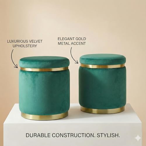 Image of Decorative Ottoman Pouffes for Sitting - Two-Piece Set of Puffy Stools and Footstools - Round Ottoman Stool for Living Room Furniture (Green)