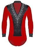 Sinleey Herren Latein Tanz Body Glitzer Langarm Gymnastikanzug Eislauf Turnanzug Turnbody Kostüm Performance B Rot L