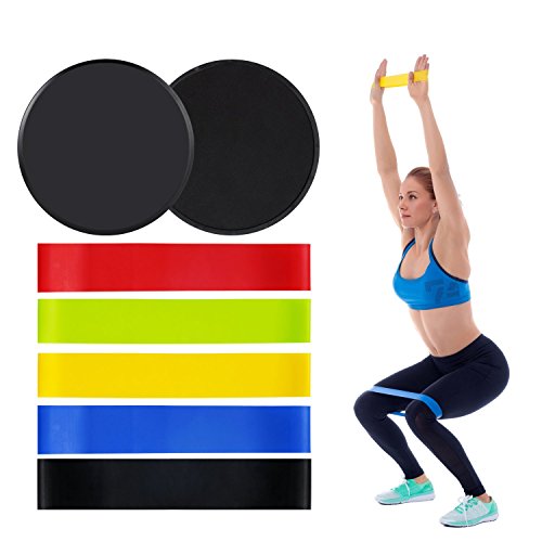 Tirain Widerstandsbänder Set & Core Sliders, Fitnessbänder Set 5 mit 2 Gleitscheiben Tragbare Trainingsgeräte für Fitness Yoga Stärke Zuhause Fitnessstudio (5 Bands + 2 Gleitscheiben)