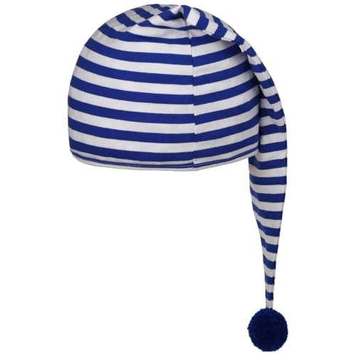 Lipodo Schlafmütze blau weiß gestreift (56 cm lang) - Damen und Herren - Nachthaube aus Baumwolle - Bommelmütze One Size (53-60 cm) - Nachtmütze mit Bommel - Zipfelmütze zum Schlafen für die Nacht