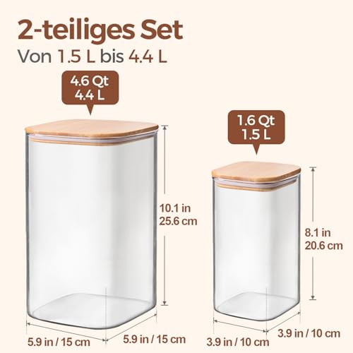 Image of ComSaf Set of 2 Storage Jars with Lid, Airtight, 1.5 L /4.4 L, Glass Containers with Lid and Storage Jars, Ideal for Flour Containers, Cereal Box and Biscuit Jar, Glass, Kitchen Organiser