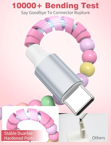 Image of USB C to USB C Cable 6FT,60W Beaded Charger Cord Fast Charging for iPhone 17 16 15 Pro Max /iPad Pro Air 11th for Samsung S26 S25 S24 Ultra S23 A16 /Android Phone Charger Cord Cute Girl Women,Pink-Green
