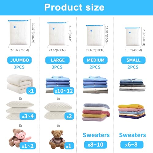 Mexgcom Vakuumbeutel für Kleidung, 10 Stück Vacuum Bags mit Elektrischer Luftpumpe, 3 Jumbo/3 Groß/2 Mittel/2 Kleine, Durchsichtig Vakuum-Platzsparer für Kleideraufbewahrung & Organisation