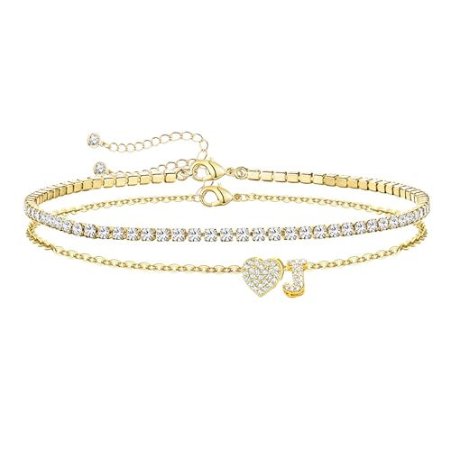 Image of Gold Initial Ankle Bracelets for Women 14K Gold Plated CZ heart Tennis Anklets for Women Waterproof Adjustable Initial Anklets Large Ankle Summer Beach Foot Jewelry