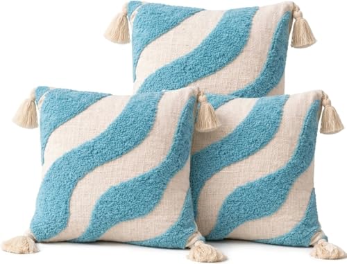 Image of Cushion Cover Pack of 3 (16x16 Inches) | Cotton Textured Decorative Throw Pillow Case for Sofa Bed Living Room Tufted Cushion Cover with Tassels (Blue & Off White)