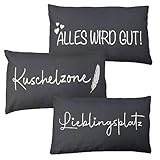 Bada Bing 3er Sparset Deko Kissen mit DREI Sprüchen in grau - Sofakissen in 30 x 50 cm - Kuschelkissen mit Bezug und Füllung - Couchkissen Zierkissen fürs Wohnzimmer Schlafzimmer und Couch