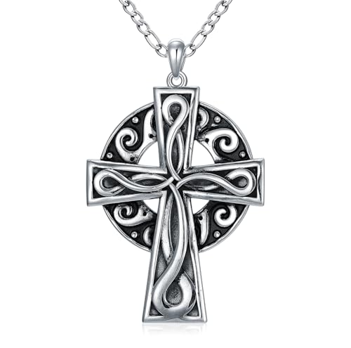 WSX Collar de cruz celta para hombres y mujeres, colgante de nudo irlandés, plata de ley, joyería religiosa, Navidad, cumpleaños, regalos católicos para padres cristianos y parejas, Plata esterlina