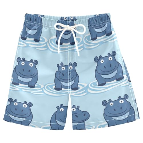 Boys Beach Board Shorts Hippo Cartoon Animal Blue Swim Trunk Teen Swimwear 8-16Y
