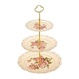 YOLIFE Red Rose Pattern 3 Tiered CupCake Stand, Emboss Golden Leaves Edge Porcelain 3 Tier Pastry Desert Fruit Stand