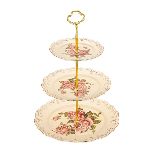 YOLIFE Pink Rose Pattern 3 Tiered CupCake Stand, Emboss Golden Leaves Edge Porcelain 3 Tier Pastry Desert Fruit Stand by YOLIFE - Used condition - US$29.99