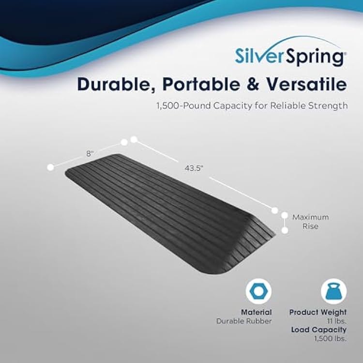 Silver Spring Solid Rubber Threshold Ramp 1 Rise 1,500 lb. Capacity for Wheelchairs and Power Scooters Indoor Outdoor Use