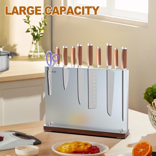Magnetic Knife Holder Stand Block: Double Sided Magnetic Knife Holder Without Knives Stainless Steel Knife Display Storage Rack for Kitchen Counter with Strong Enhanced Magnet and Wood Base - Silver
