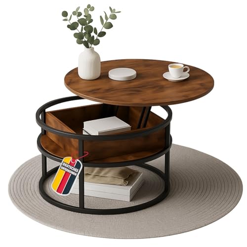 Coemo Table basse Swing marron avec plateau réglable et compartiment de rangement dissimulé, en métal et bois, table d'appoint pour salon, table basse ronde...
