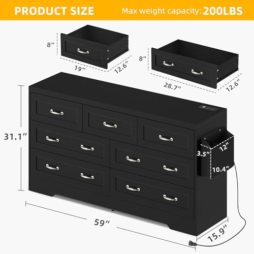 DWVO Farmhouse 7 Drawer Dresser for Bedroom, 59" Wide Large Modern Dresser TV Stand with Drawers & Bar Handles, Storage Dressers with Power Outlets, Rustic Wood Chest of Drawers, Black Upgraged