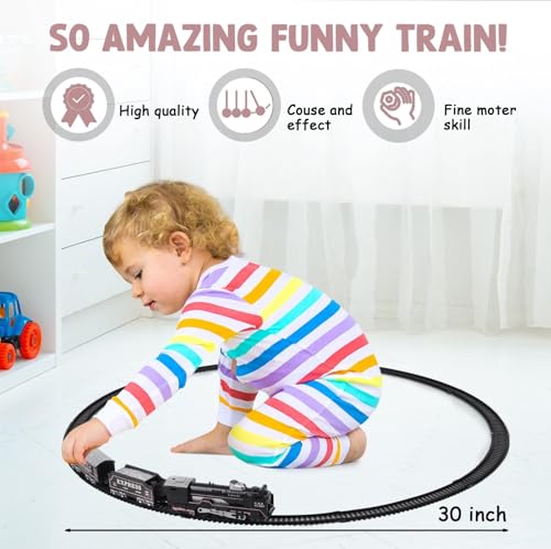 Image of VU Toys Small Black Train 19026B (3+ Years) - Battery Operated Steam Engine with Coal & Passenger Coach 10 (30 Inch) Round Track - Vintage Style Toy Train with Lights & Sound for Kids