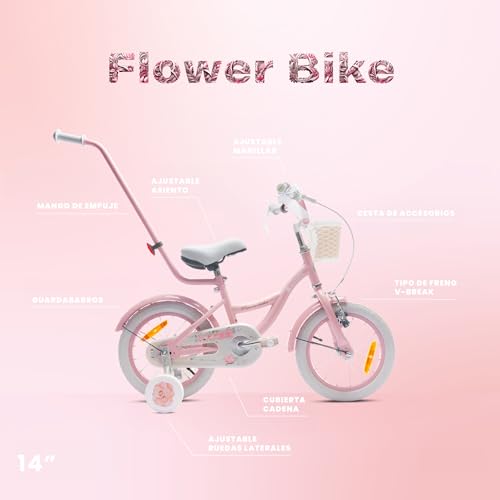 Miniatura 5 de Sun Baby Bicicleta Para Niñas Flower Bike, Tamaño De Rueda 12 14 16 Pulgadas, Con Barra De Empuje Desmontable, Bicicleta Infantil Para Niñas De 2 A 6 Años 14 Pulgadas, Rosa