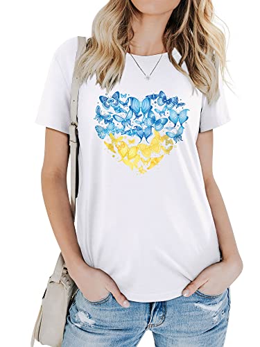Dresswel T-shirt à manches courtes pour femme avec drapeau de l'Ukraine - Décontracté - Papillon - Imprimé - Graphique - Ukrajina Ukrainien - Haut basique, Blanc., M Cover