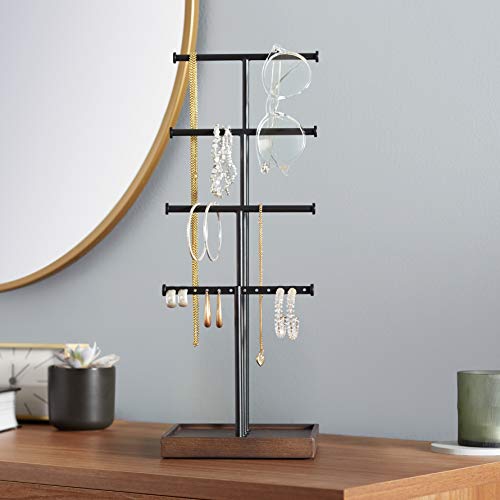 Image of Amazon Basics Four-Tier Jewelry Organizer Tree Stand, Necklace Earring Bracelet Holder with Ring Storage, Walnut /Black